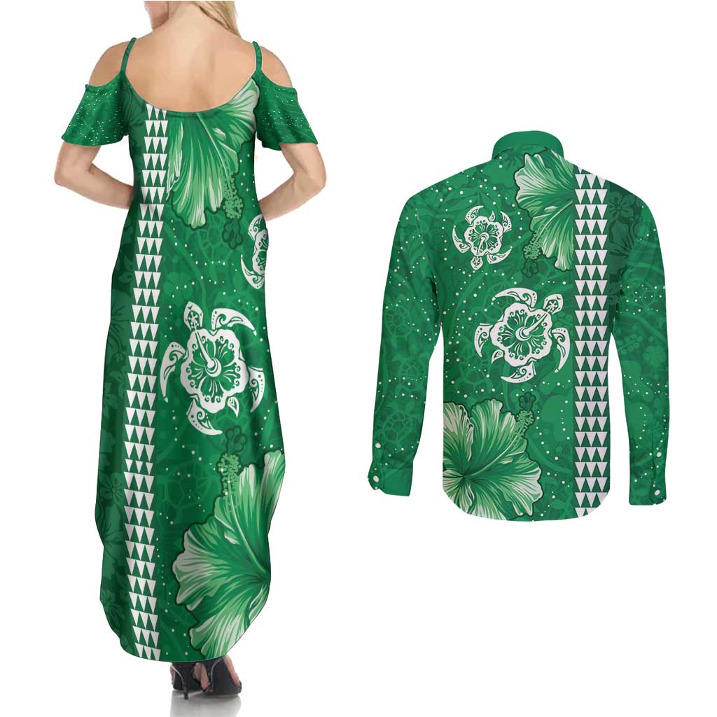 Green Hibiscus Turle Couples Matching Summer Maxi Dress and Long Sleeve Button Shirt Hawaiian Style Tribal Tapa Pattern LT9 - Polynesian Pride