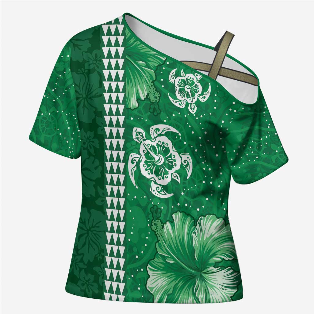 Green Hibiscus Turle Cross Shoulder Shirt Hawaiian Style Tribal Tapa Pattern LT9 Female Green - Polynesian Pride