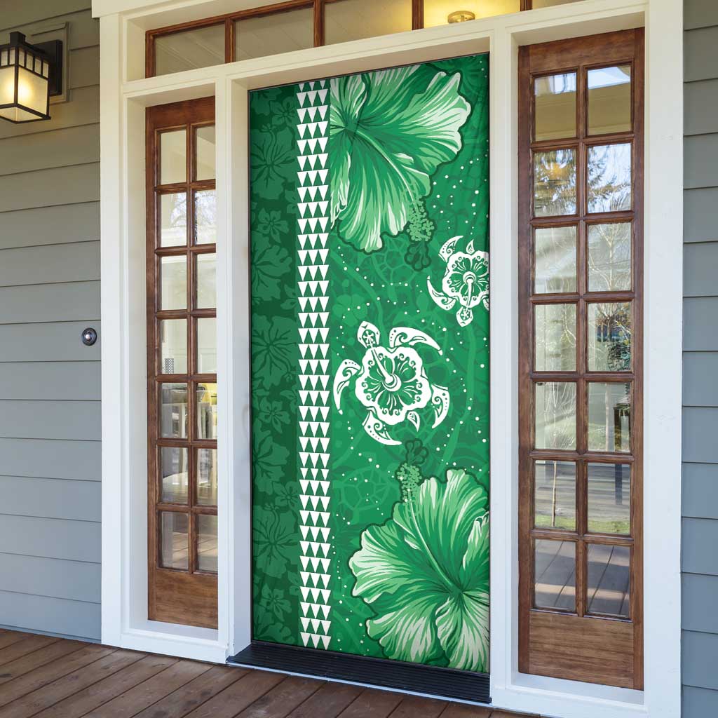 Green Hibiscus Turle Door Cover Hawaiian Style Tribal Tapa Pattern - Polynesian Pride