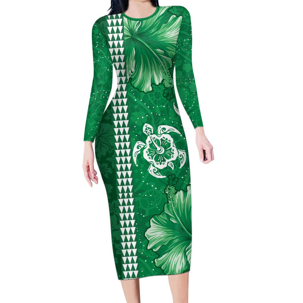 Green Hibiscus Turle Family Matching Long Sleeve Bodycon Dress and Hawaiian Shirt Hawaiian Style Tribal Tapa Pattern LT9 Mom's Dress Green - Polynesian Pride