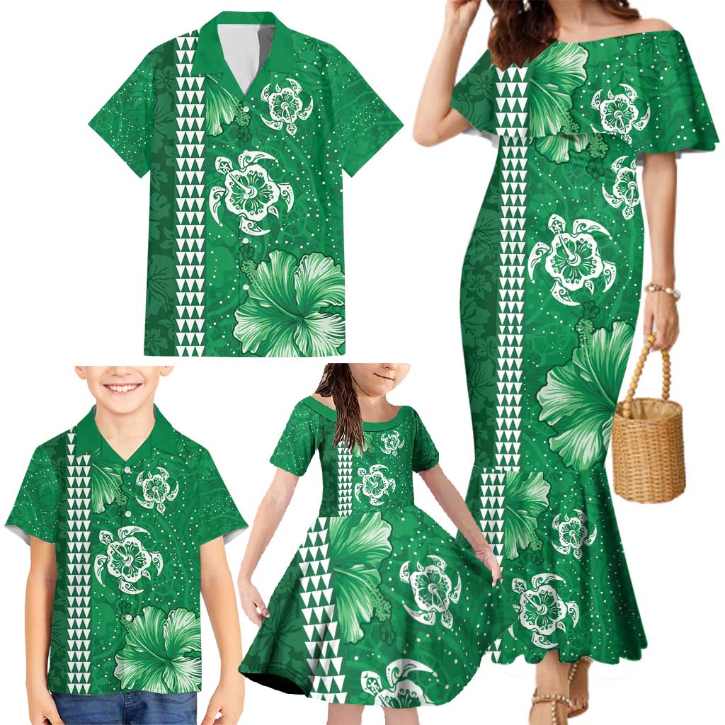 Green Hibiscus Turle Family Matching Mermaid Dress and Hawaiian Shirt Hawaiian Style Tribal Tapa Pattern LT9 - Polynesian Pride