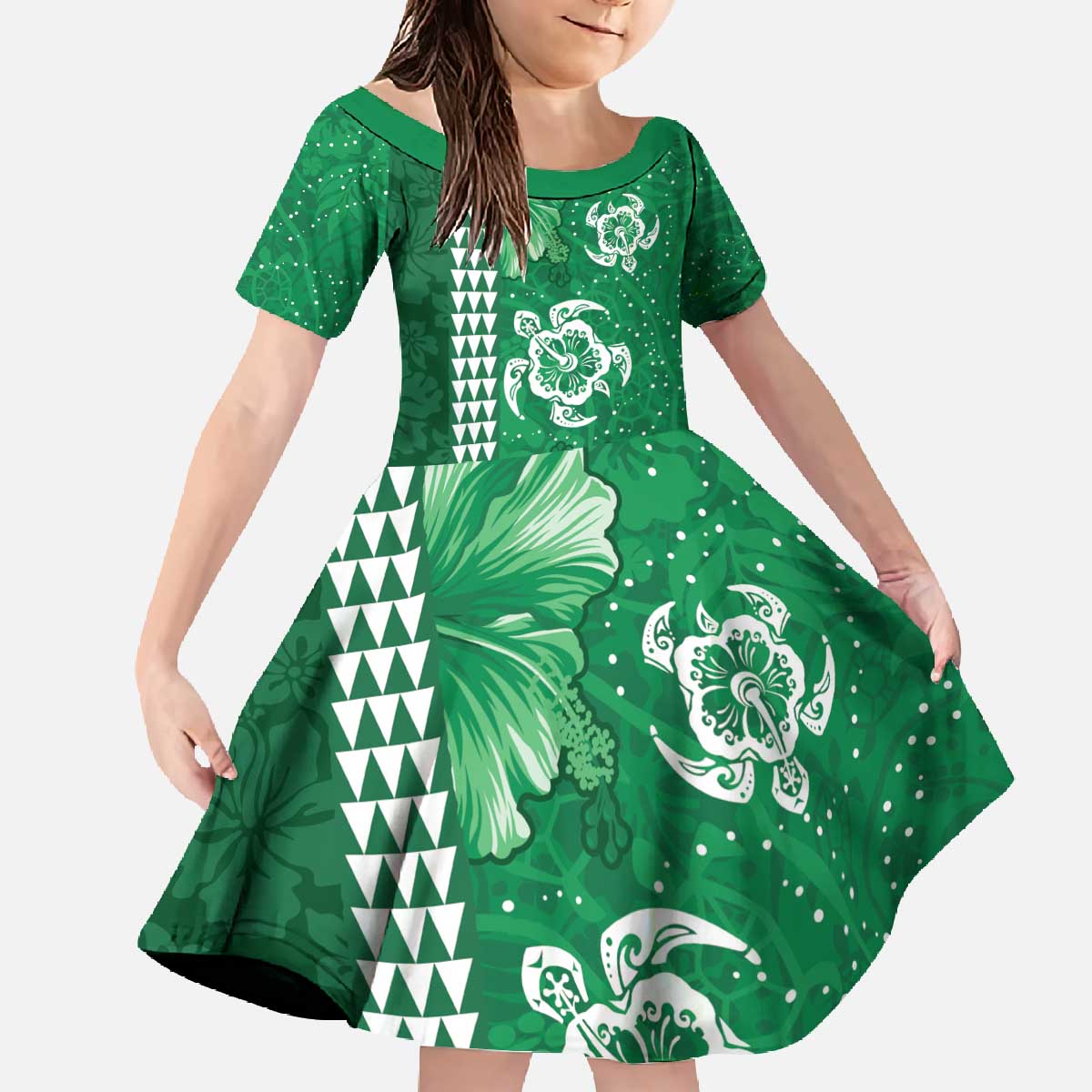 Green Hibiscus Turle Family Matching Off The Shoulder Long Sleeve Dress and Hawaiian Shirt Hawaiian Style Tribal Tapa Pattern