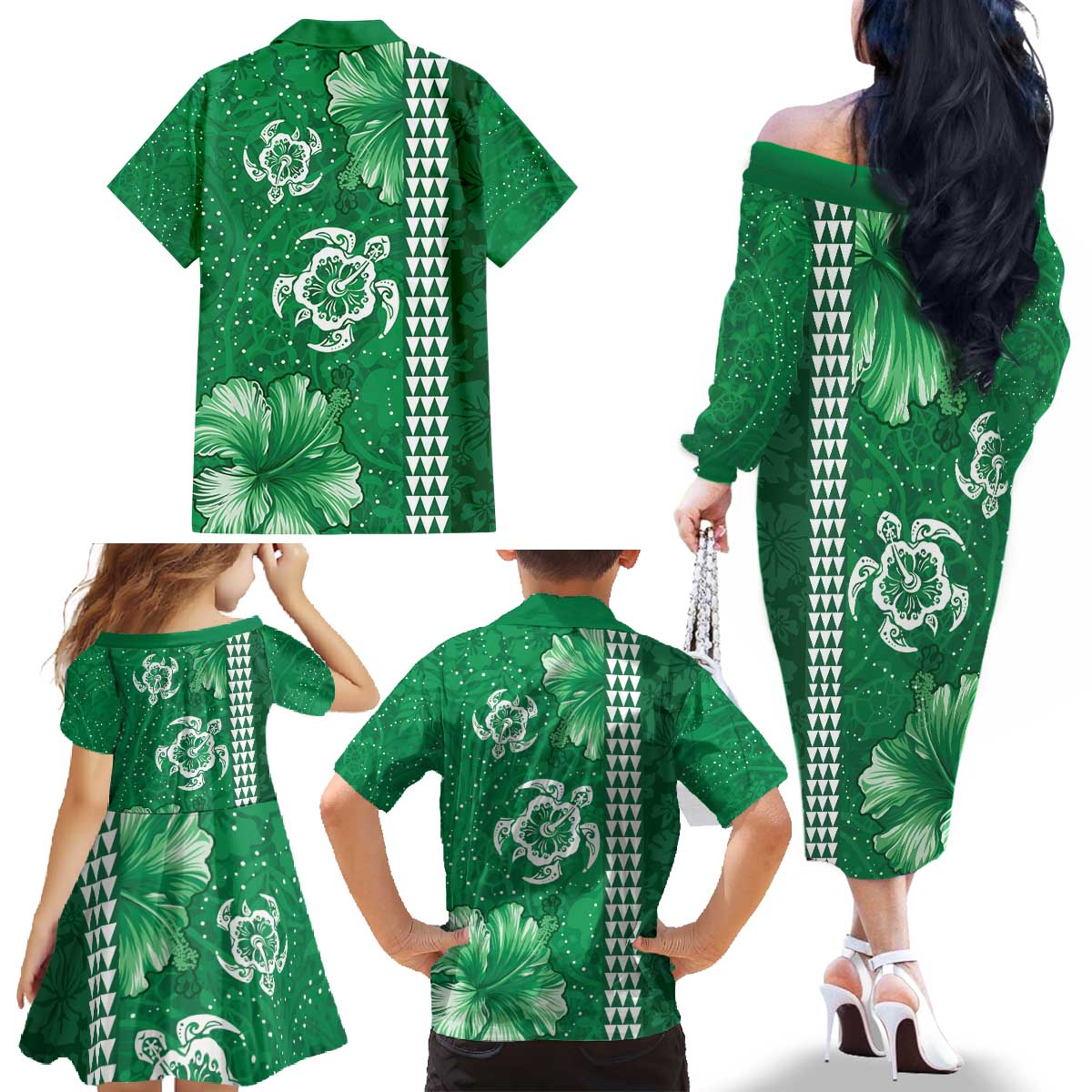 Green Hibiscus Turle Family Matching Off The Shoulder Long Sleeve Dress and Hawaiian Shirt Hawaiian Style Tribal Tapa Pattern