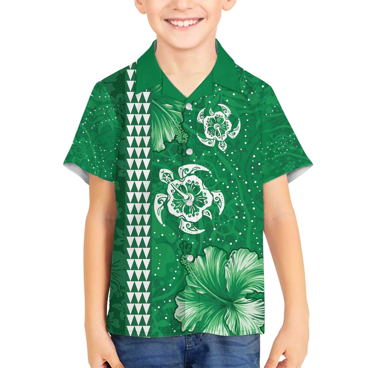 Green Hibiscus Turle Family Matching Off The Shoulder Long Sleeve Dress and Hawaiian Shirt Hawaiian Style Tribal Tapa Pattern