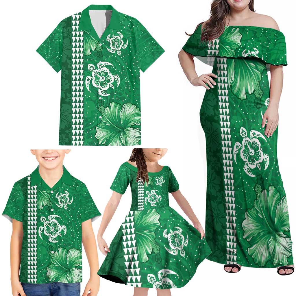 Green Hibiscus Turle Family Matching Off Shoulder Maxi Dress and Hawaiian Shirt Hawaiian Style Tribal Tapa Pattern