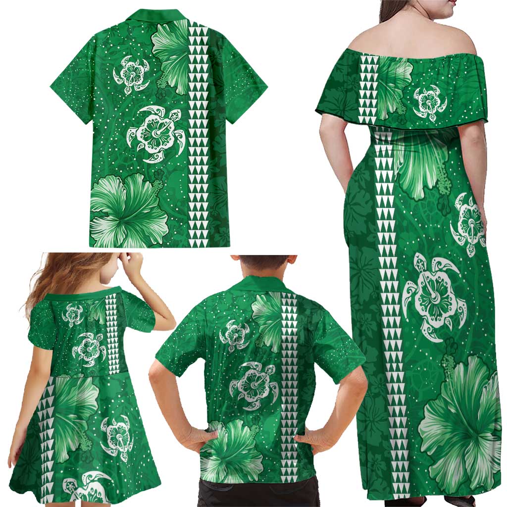 Green Hibiscus Turle Family Matching Off Shoulder Maxi Dress and Hawaiian Shirt Hawaiian Style Tribal Tapa Pattern