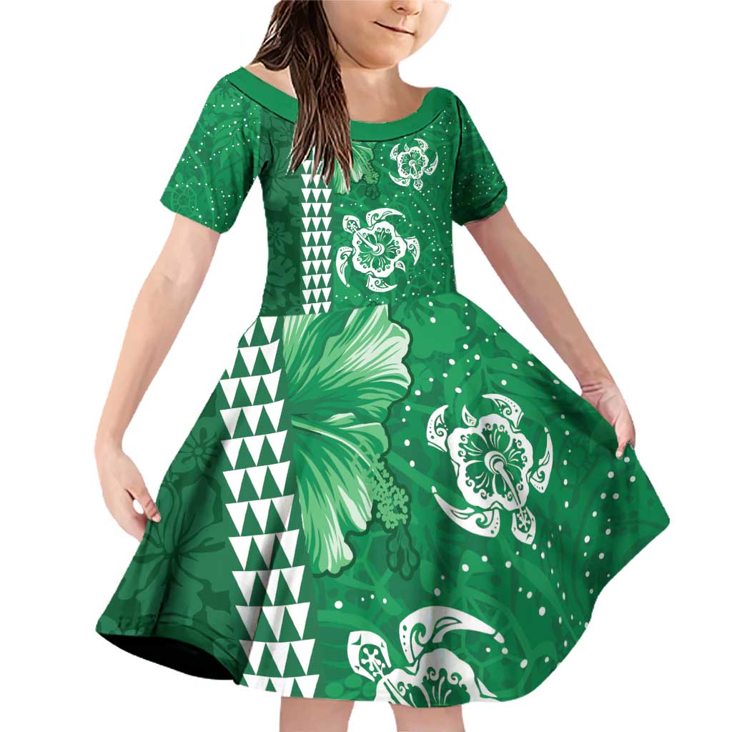 Green Hibiscus Turle Family Matching Off Shoulder Short Dress and Hawaiian Shirt Hawaiian Style Tribal Tapa Pattern