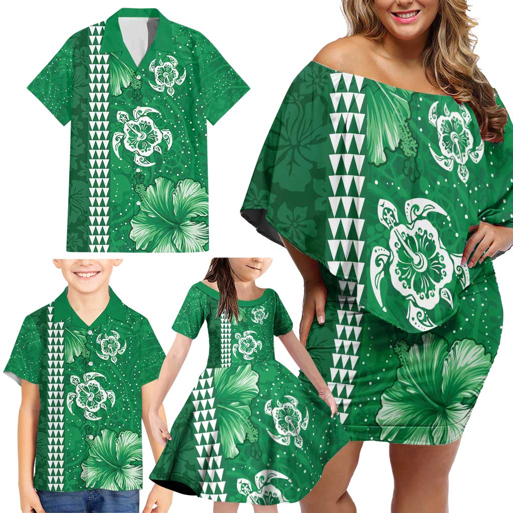 Green Hibiscus Turle Family Matching Off Shoulder Short Dress and Hawaiian Shirt Hawaiian Style Tribal Tapa Pattern