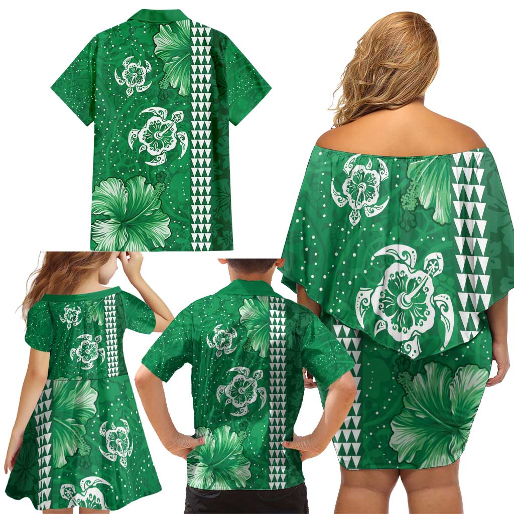 Green Hibiscus Turle Family Matching Off Shoulder Short Dress and Hawaiian Shirt Hawaiian Style Tribal Tapa Pattern
