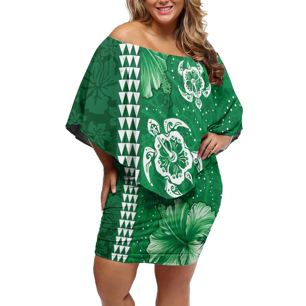 Green Hibiscus Turle Family Matching Off Shoulder Short Dress and Hawaiian Shirt Hawaiian Style Tribal Tapa Pattern