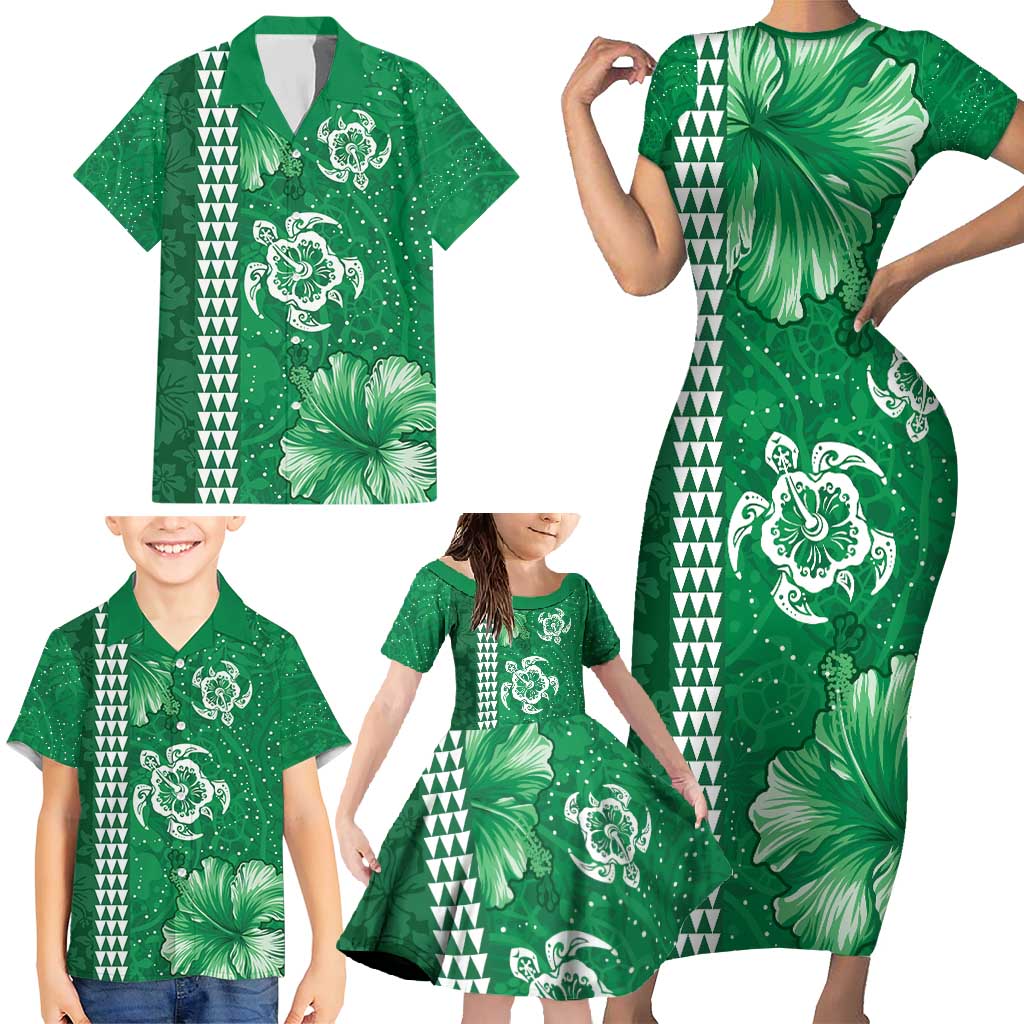 Green Hibiscus Turle Family Matching Short Sleeve Bodycon Dress and Hawaiian Shirt Hawaiian Style Tribal Tapa Pattern LT9 - Polynesian Pride