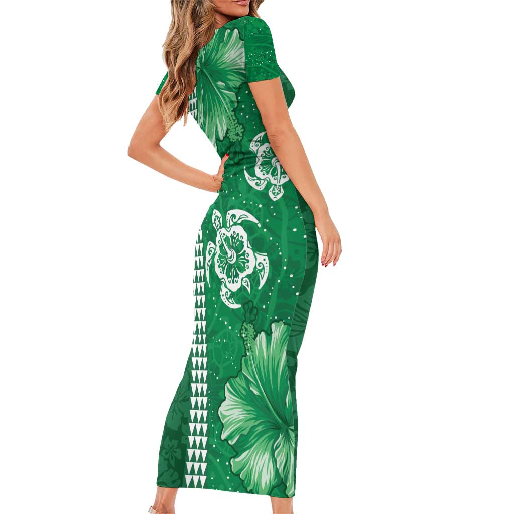 Green Hibiscus Turle Family Matching Short Sleeve Bodycon Dress and Hawaiian Shirt Hawaiian Style Tribal Tapa Pattern LT9 - Polynesian Pride