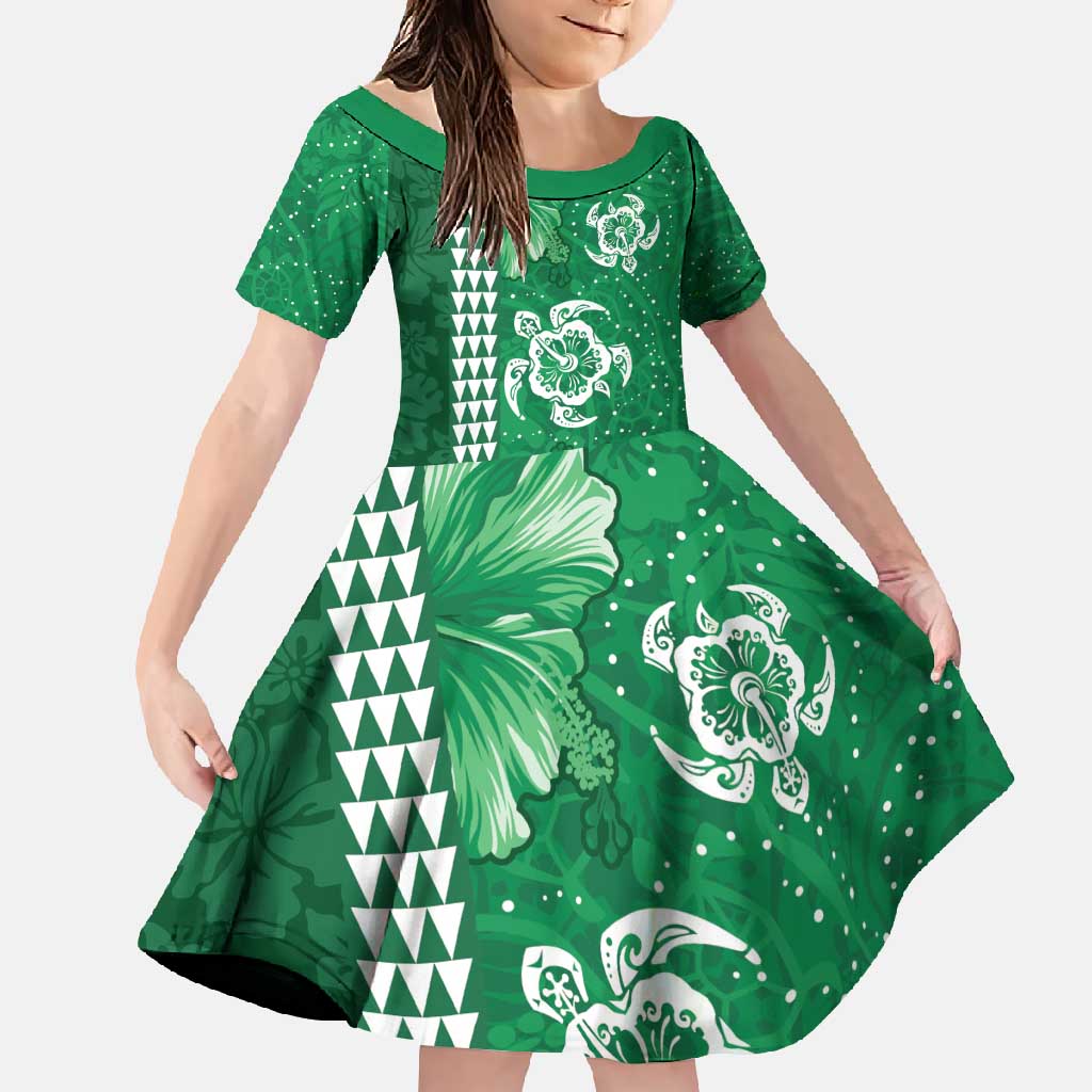 Green Hibiscus Turle Family Matching Summer Maxi Dress and Hawaiian Shirt Hawaiian Style Tribal Tapa Pattern