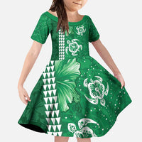 Green Hibiscus Turle Family Matching Tank Maxi Dress and Hawaiian Shirt Hawaiian Style Tribal Tapa Pattern