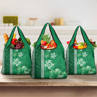 Green Hibiscus Turle Grocery Bag Hawaiian Style Tribal Tapa Pattern