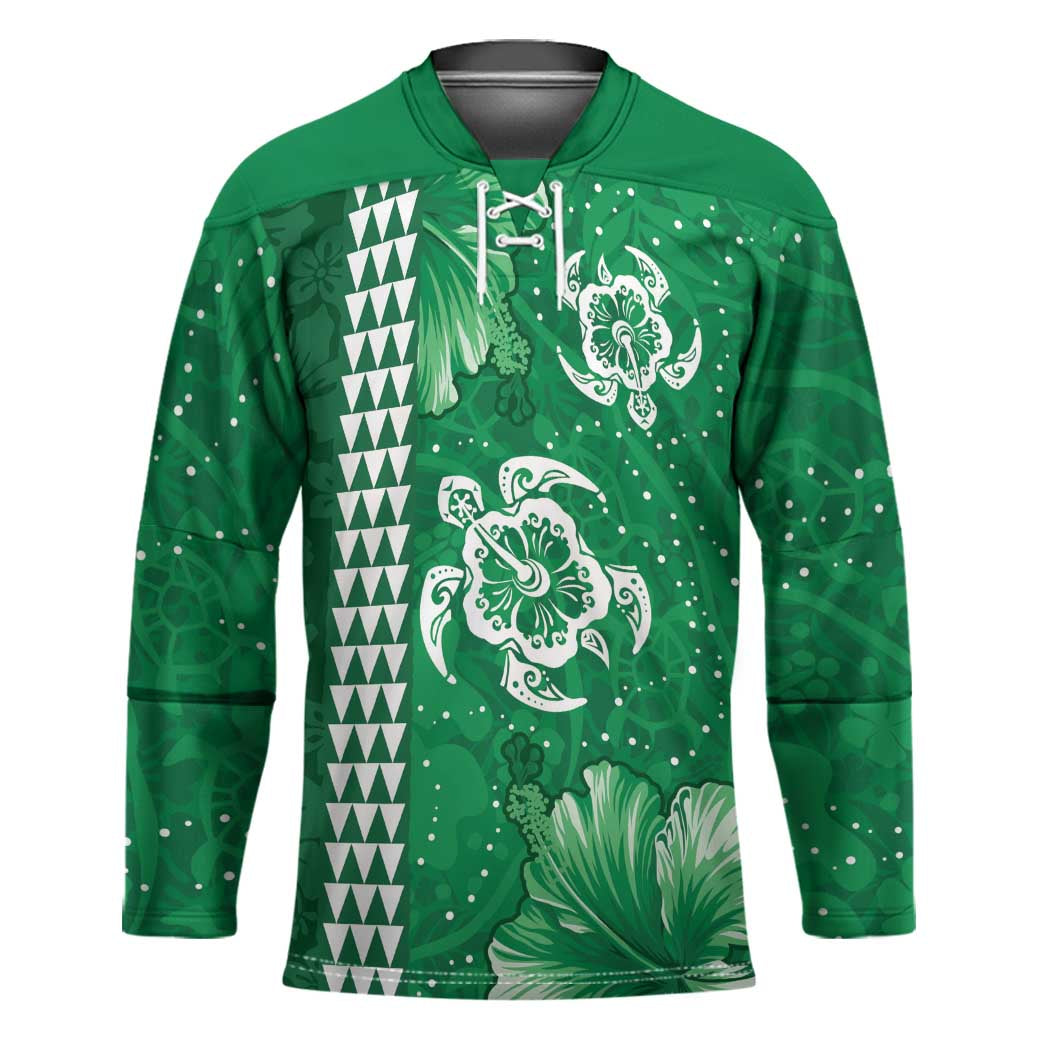 Green Hibiscus Turle Hockey Jersey Hawaiian Style Tribal Tapa Pattern LT9 Unisex Green - Polynesian Pride