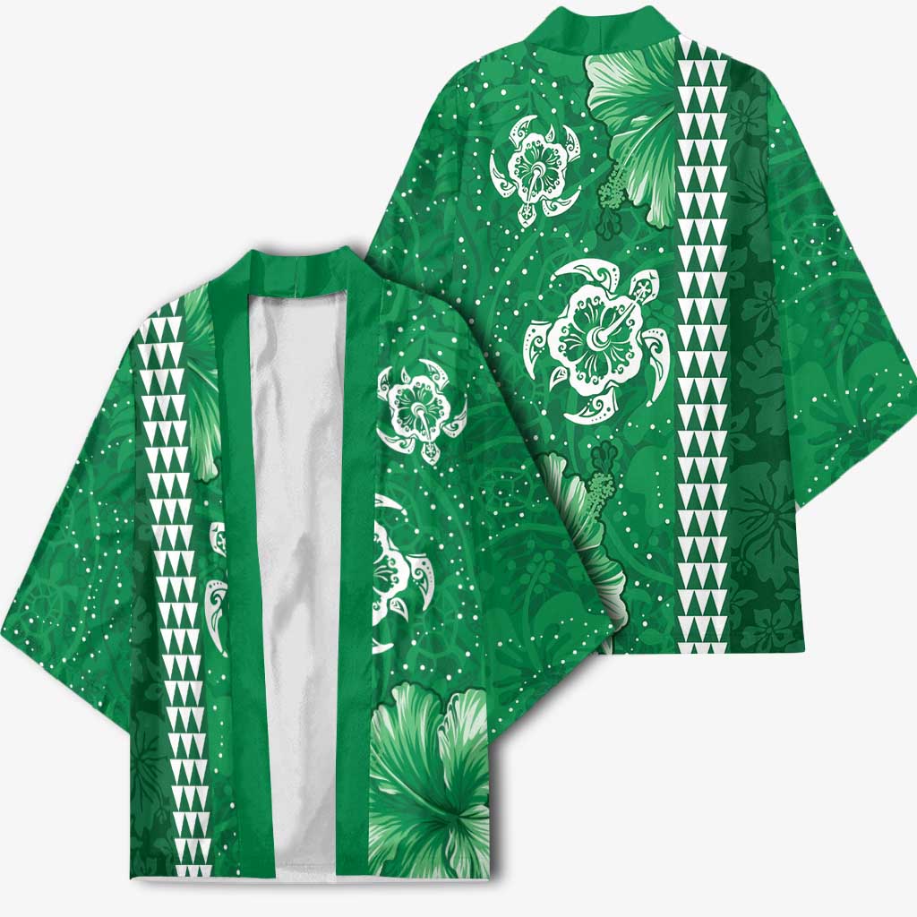 Green Hibiscus Turle Kimono Hawaiian Style Tribal Tapa Pattern - Polynesian Pride