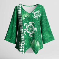 Green Hibiscus Turle Kimono Sleeve Blouse Hawaiian Style Tribal Tapa Pattern - Polynesian Pride