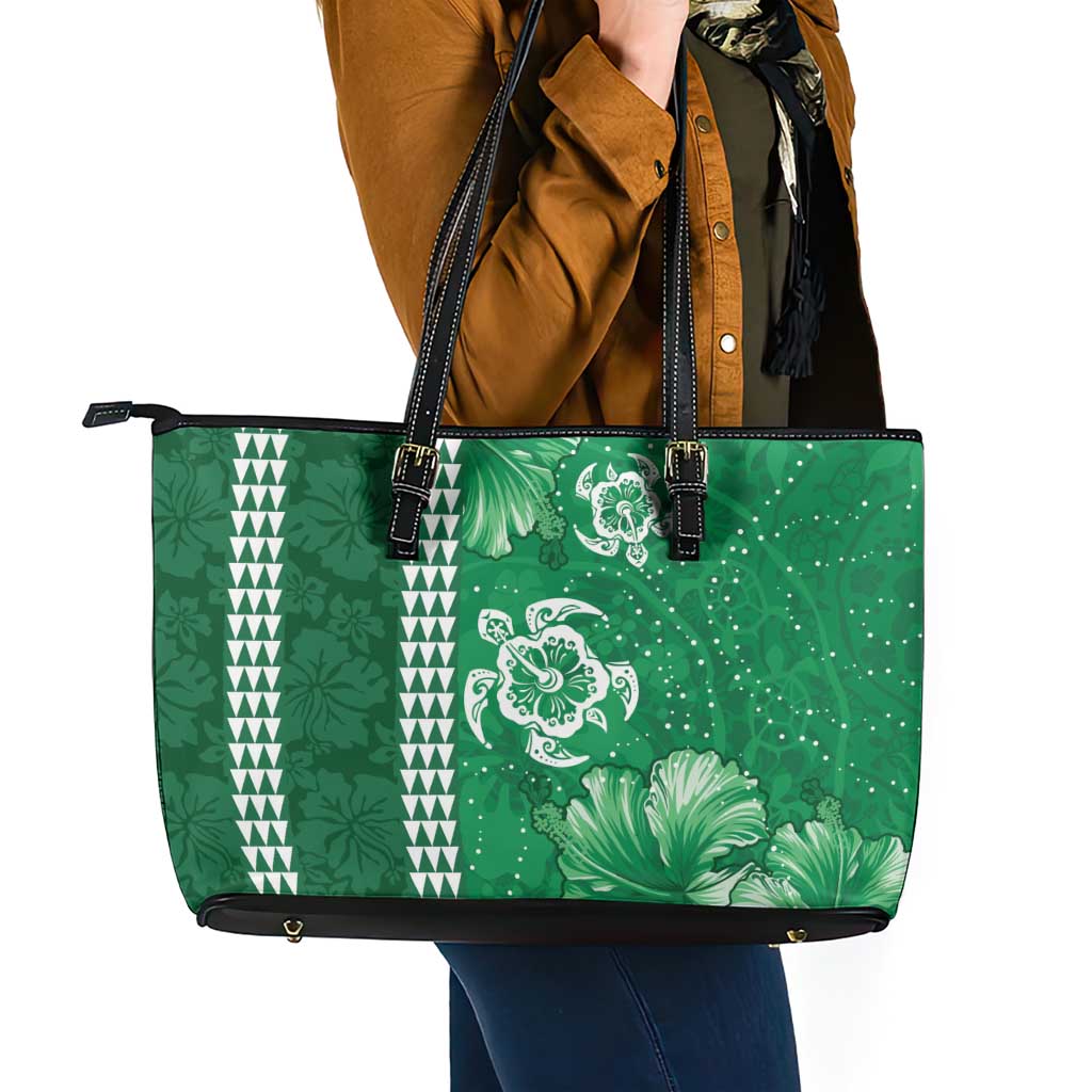 Green Hibiscus Turle Leather Tote Bag Hawaiian Style Tribal Tapa Pattern LT9 - Polynesian Pride