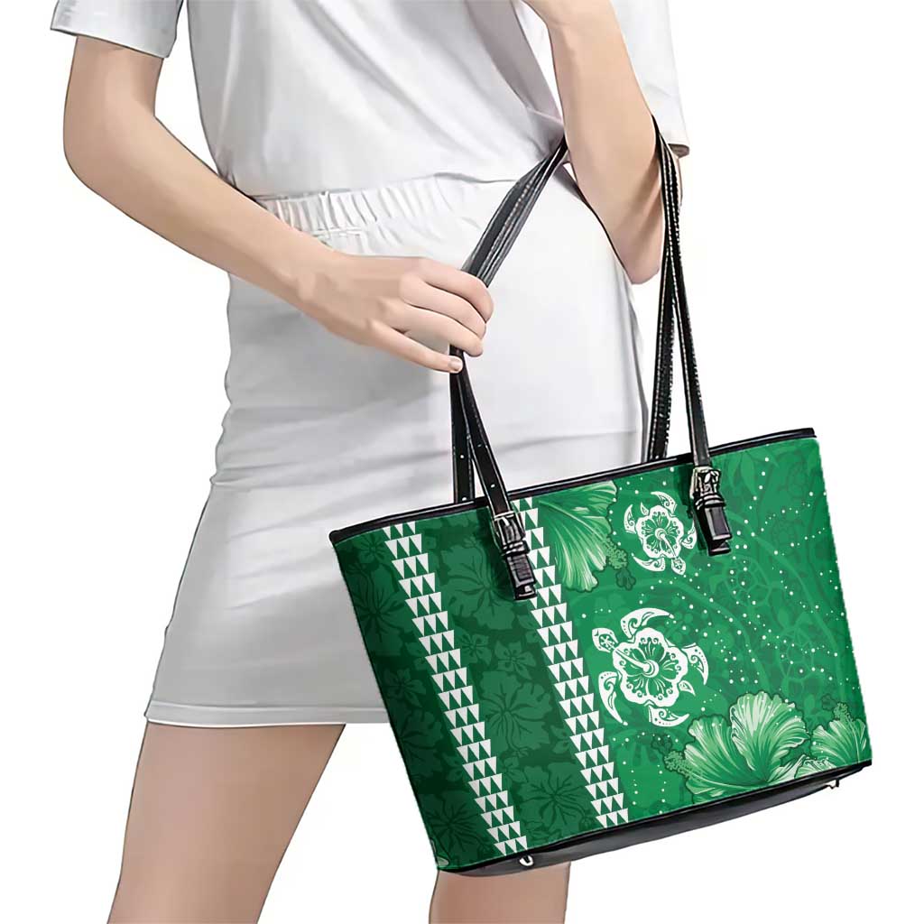 Green Hibiscus Turle Leather Tote Bag Hawaiian Style Tribal Tapa Pattern LT9 - Polynesian Pride
