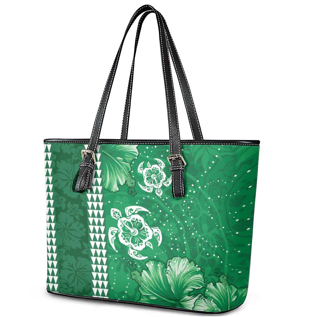 Green Hibiscus Turle Leather Tote Bag Hawaiian Style Tribal Tapa Pattern LT9 - Polynesian Pride