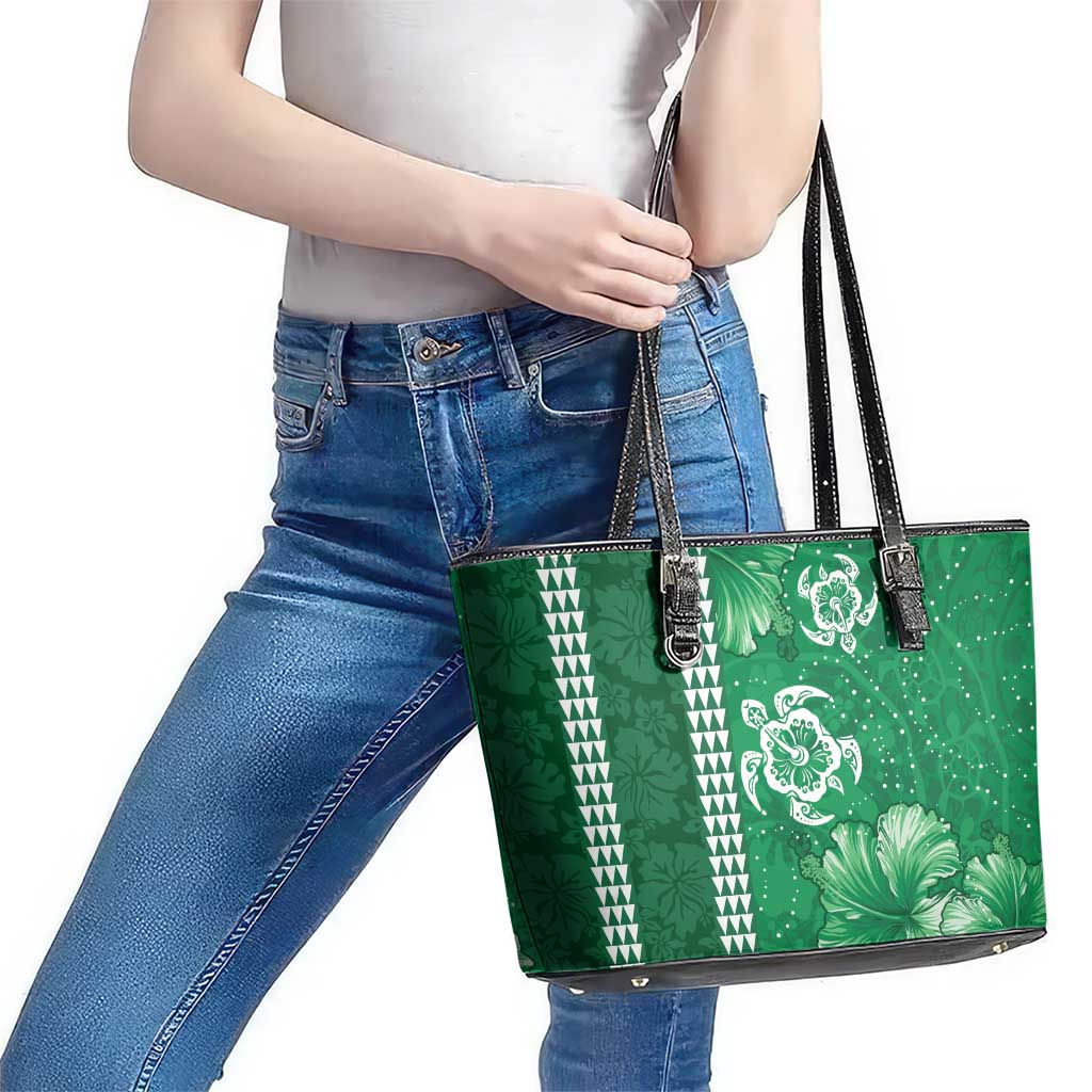 Green Hibiscus Turle Leather Tote Bag Hawaiian Style Tribal Tapa Pattern LT9 - Polynesian Pride