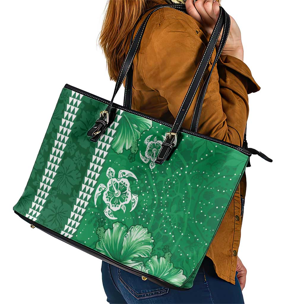Green Hibiscus Turle Leather Tote Bag Hawaiian Style Tribal Tapa Pattern LT9 - Polynesian Pride