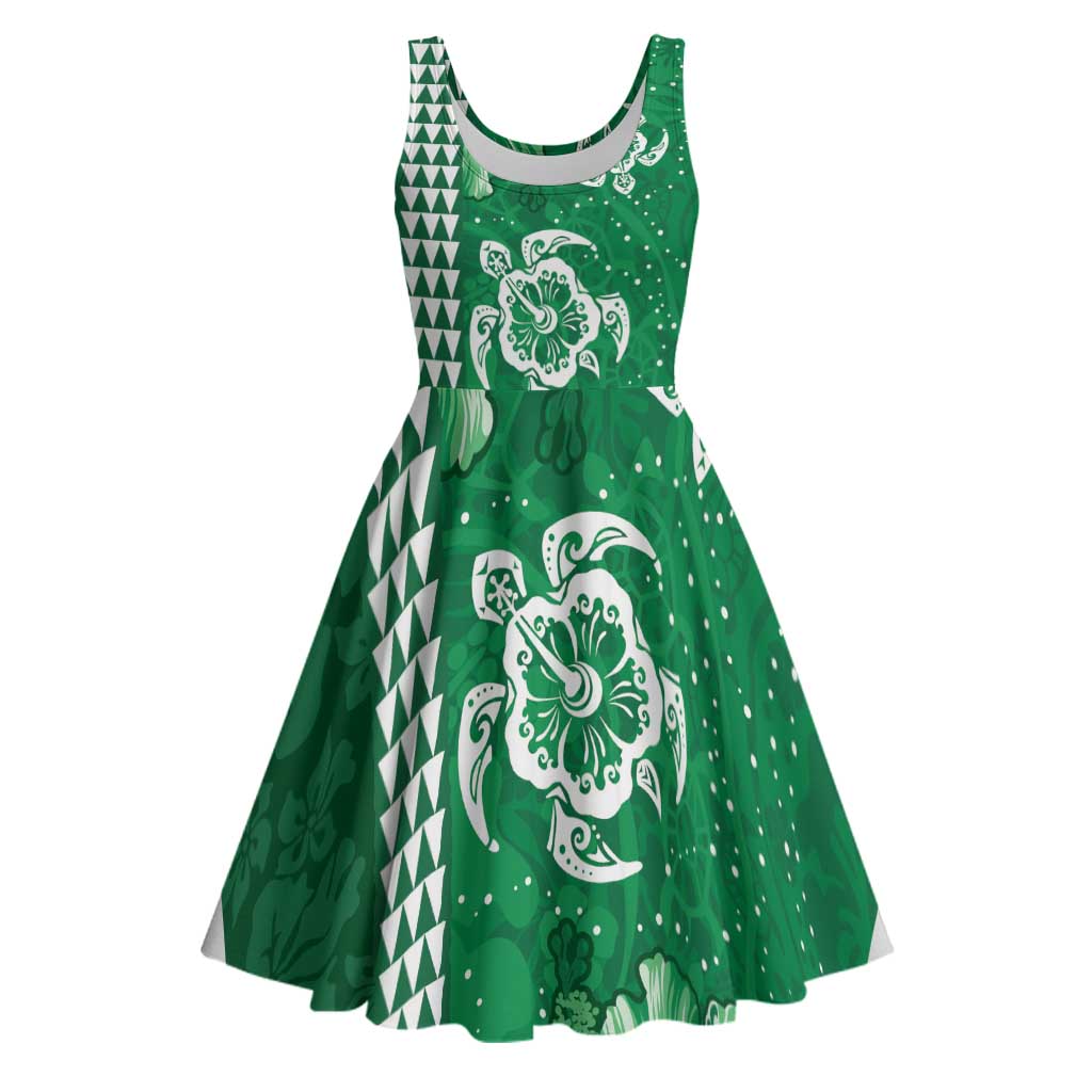 Green Hibiscus Turle Midi Dress Hawaiian Style Tribal Tapa Pattern - Polynesian Pride