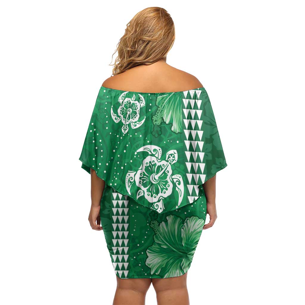 Green Hibiscus Turle Off Shoulder Short Dress Hawaiian Style Tribal Tapa Pattern