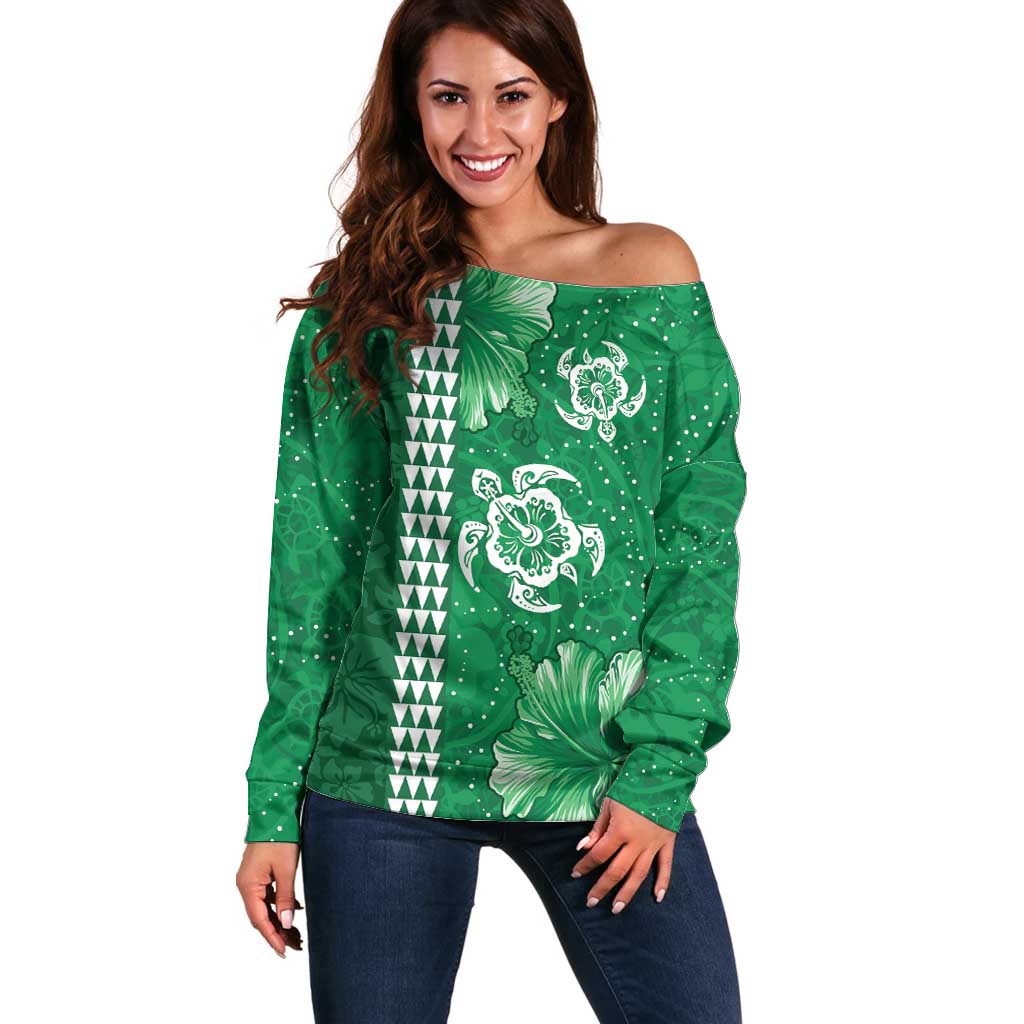 Green Hibiscus Turle Off Shoulder Sweater Hawaiian Style Tribal Tapa Pattern