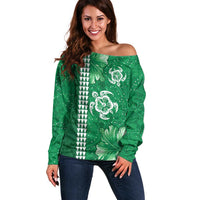 Green Hibiscus Turle Off Shoulder Sweater Hawaiian Style Tribal Tapa Pattern