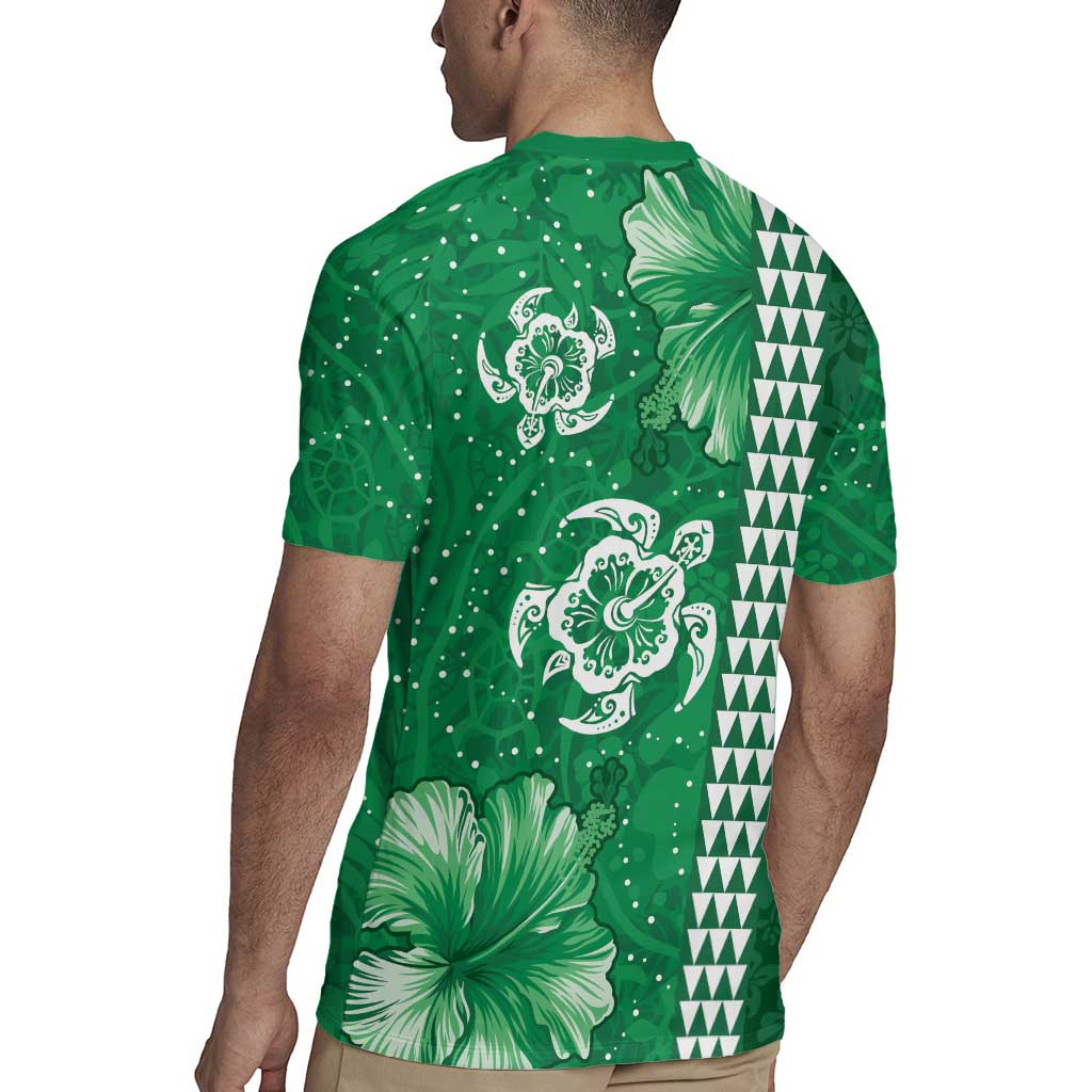 Green Hibiscus Turle Rugby Jersey Hawaiian Style Tribal Tapa Pattern LT9 - Polynesian Pride