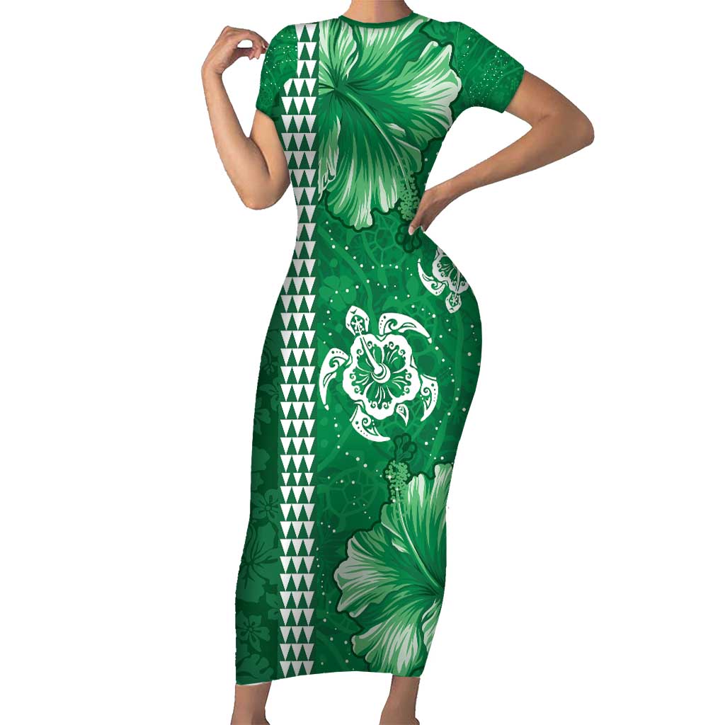 Green Hibiscus Turle Short Sleeve Bodycon Dress Hawaiian Style Tribal Tapa Pattern