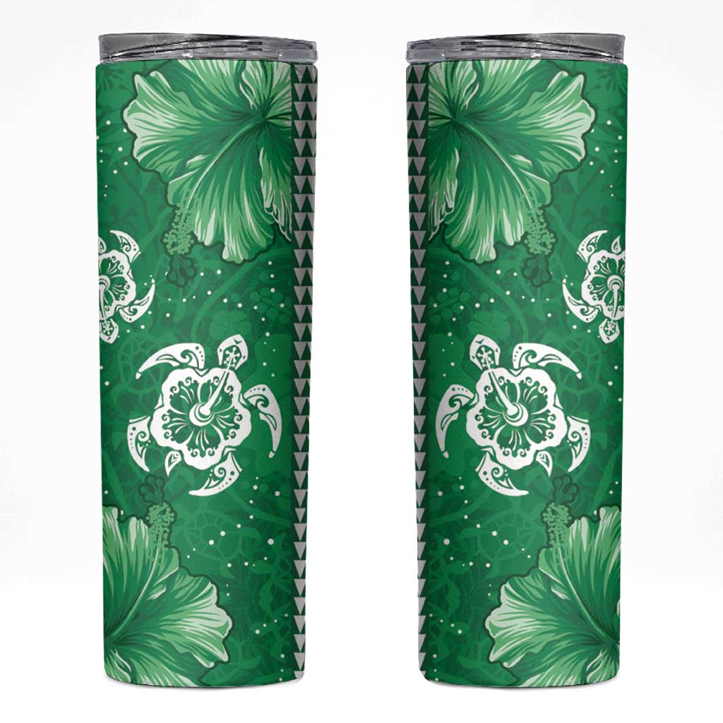 Green Hibiscus Turle Skinny Tumbler Hawaiian Style Tribal Tapa Pattern