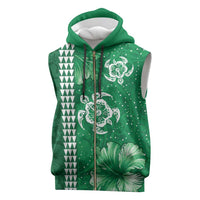 Green Hibiscus Turle Sleeveless Zip Hoodie Hawaiian Style Tribal Tapa Pattern - Polynesian Pride