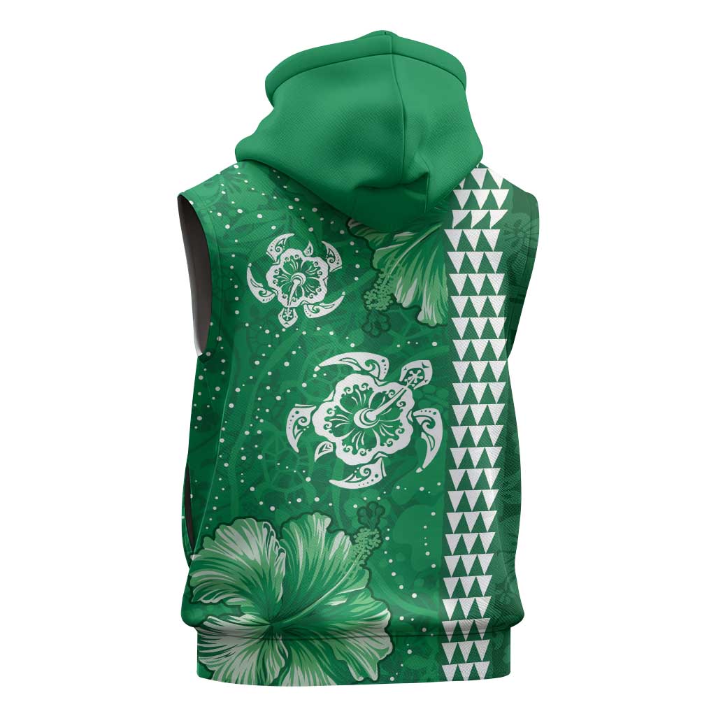 Green Hibiscus Turle Sleeveless Zip Hoodie Hawaiian Style Tribal Tapa Pattern - Polynesian Pride