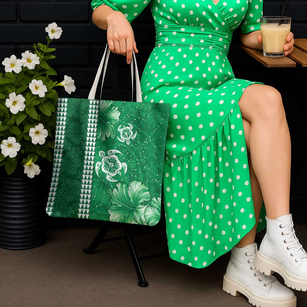 Green Hibiscus Turle Tote Bag Hawaiian Style Tribal Tapa Pattern - Polynesian Pride