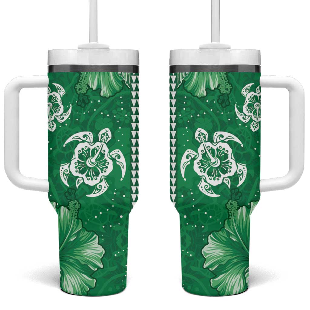 Green Hibiscus Turle Tumbler With Handle Hawaiian Style Tribal Tapa Pattern