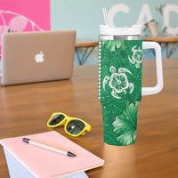 Green Hibiscus Turle Tumbler With Handle Hawaiian Style Tribal Tapa Pattern