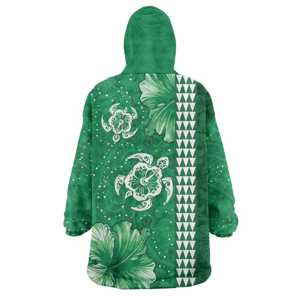 Green Hibiscus Turle Wearable Blanket Hoodie Hawaiian Style Tribal Tapa Pattern