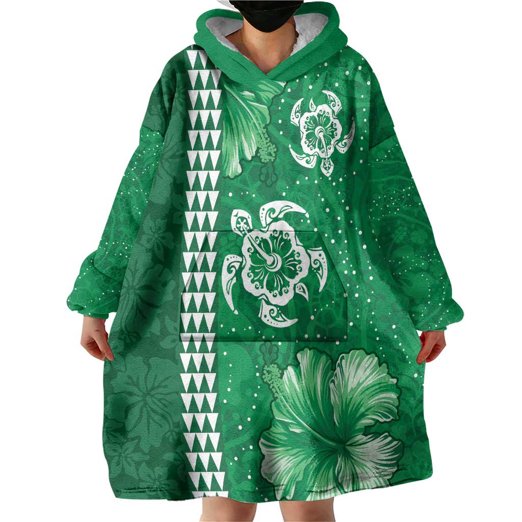 Green Hibiscus Turle Wearable Blanket Hoodie Hawaiian Style Tribal Tapa Pattern