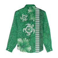 Green Hibiscus Turle Women Casual Shirt Hawaiian Style Tribal Tapa Pattern