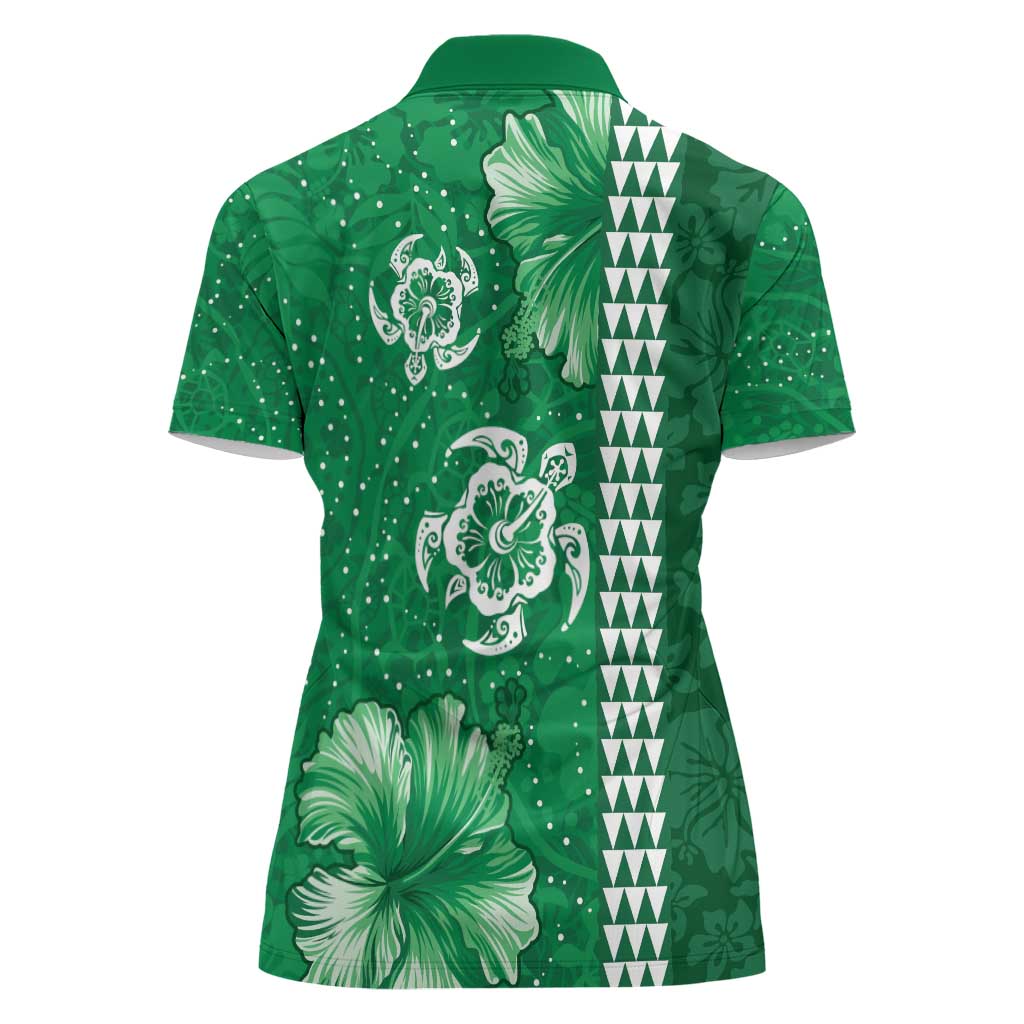 Green Hibiscus Turle Women Polo Shirt Hawaiian Style Tribal Tapa Pattern