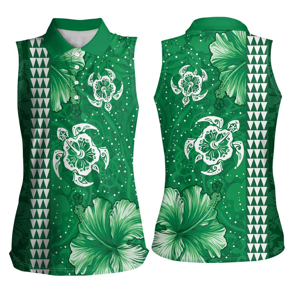 Green Hibiscus Turle Women Sleeveless Polo Shirt Hawaiian Style Tribal Tapa Pattern