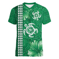 Green Hibiscus Turle Women V-Neck T-Shirt Hawaiian Style Tribal Tapa Pattern LT9 Female Green - Polynesian Pride