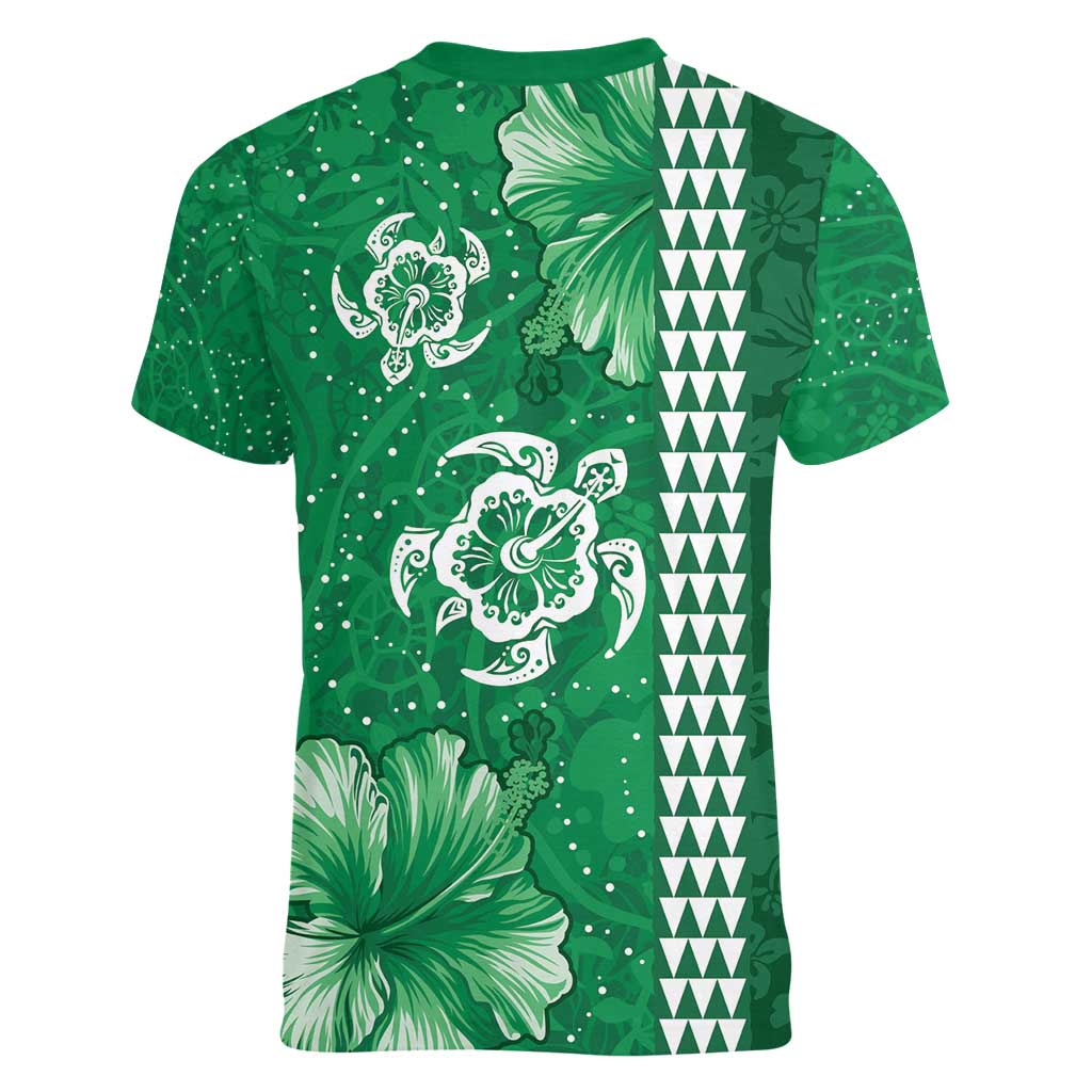 Green Hibiscus Turle Women V-Neck T-Shirt Hawaiian Style Tribal Tapa Pattern LT9 - Polynesian Pride