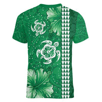 Green Hibiscus Turle Women V-Neck T-Shirt Hawaiian Style Tribal Tapa Pattern LT9 - Polynesian Pride