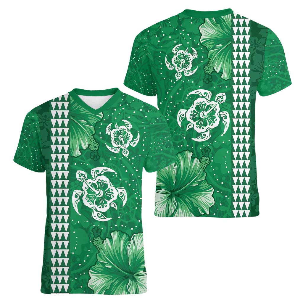 Green Hibiscus Turle Women V-Neck T-Shirt Hawaiian Style Tribal Tapa Pattern LT9 - Polynesian Pride
