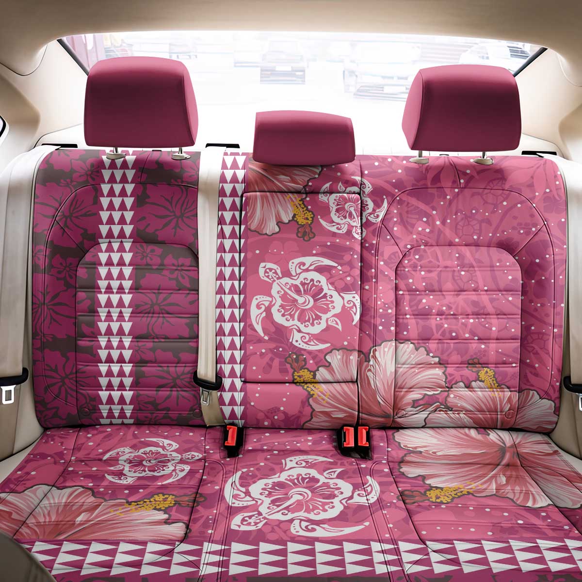 Pink Hibiscus Turle Back Car Seat Cover Hawaiian Style Tribal Tapa Pattern