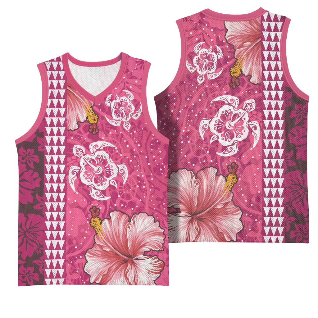 Pink Hibiscus Turle Basketball Jersey Hawaiian Style Tribal Tapa Pattern - Polynesian Pride